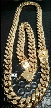 New 18k yellow gold filled Cuban link chain and bracelet set